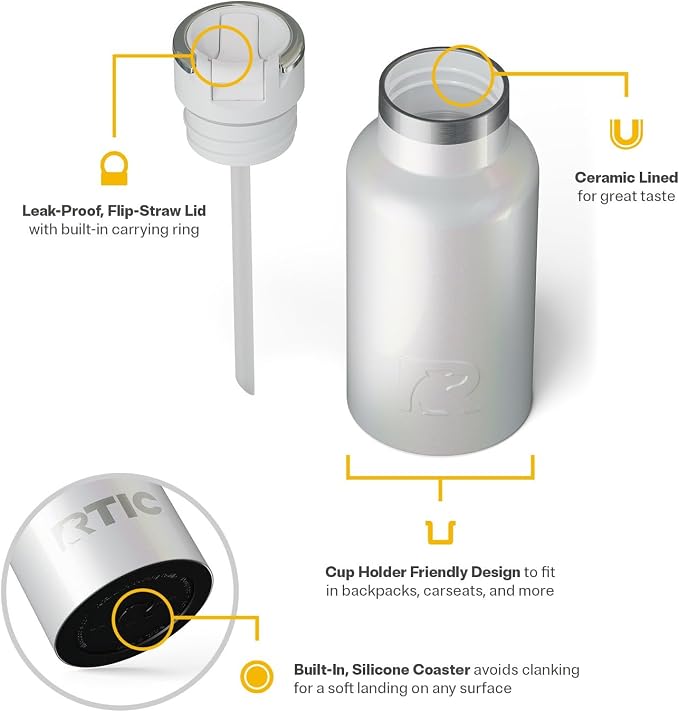 RTIC Little Journey Water Bottle with Straw, Ceramic-Lined, Insulated, Stainless Steel, Metal, Double Wall Vacuum-Insulation, Leak-Proof Lid, BPA-Free Water Flask for Sports, Travel, Cool Grey Glitter