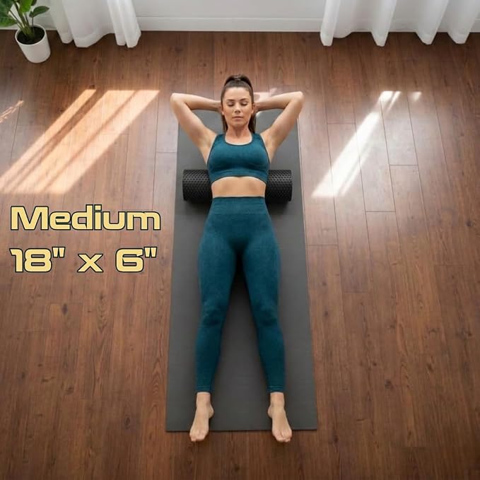 Foam Roller for Muscle Massage, Stiff Back Pain Relief, Physical Therapy, Deep Tissue, Exercise Equipment for Home Gym, Stress, Yoga, Pilates for the fit Citizen (Black, Medium 18 x 6 Inches)