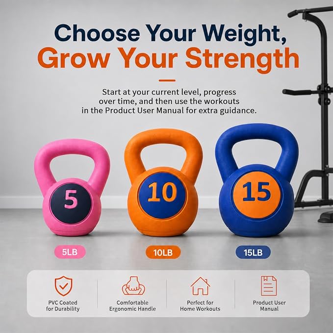 Single Kettlebells, Coated Cast Iron Kettlebell Weights with Wide Grip Handle & Flat Bottom, Strength Training Equipment for Swings, Squats, Deadlifts, Push-Ups & Home Gym Workouts