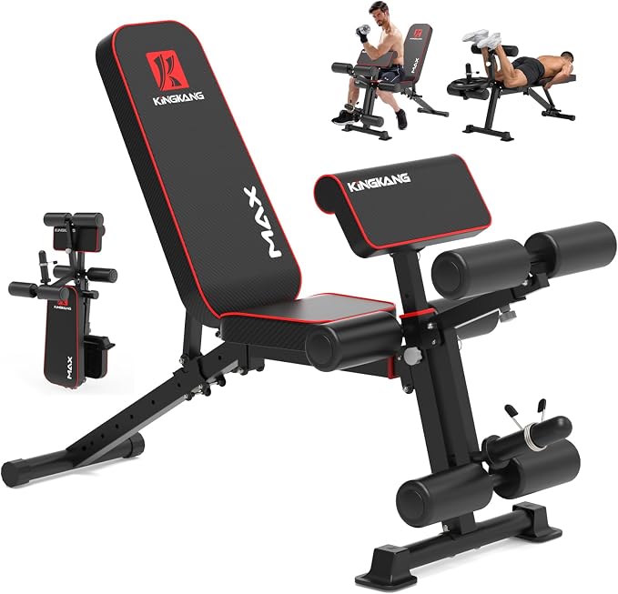 K KiNGKANG Foldable Weight Bench with Leg Curl, 1200 LBS Heavy Duty Workout Bench, 4-Level Adjustable Distance for All Heights, Multi-Position Incline Decline Exercise Bench with Dumbbell Rack for Home Gym