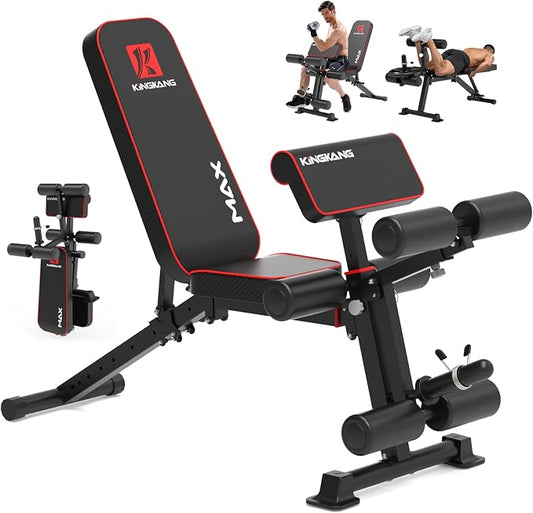 K KiNGKANG Foldable Weight Bench with Leg Curl, 1200 LBS Heavy Duty Workout Bench, 4-Level Adjustable Distance for All Heights, Multi-Position Incline Decline Exercise Bench with Dumbbell Rack for Home Gym