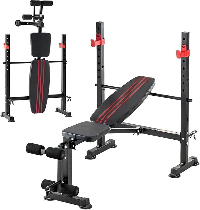Adjustable Weight Bench, Foldable Bench Press Set with Leg Extension and Curl, 650 LBS Heavy Duty Full Body Strength Training Bench for Home Gym, Black & Red