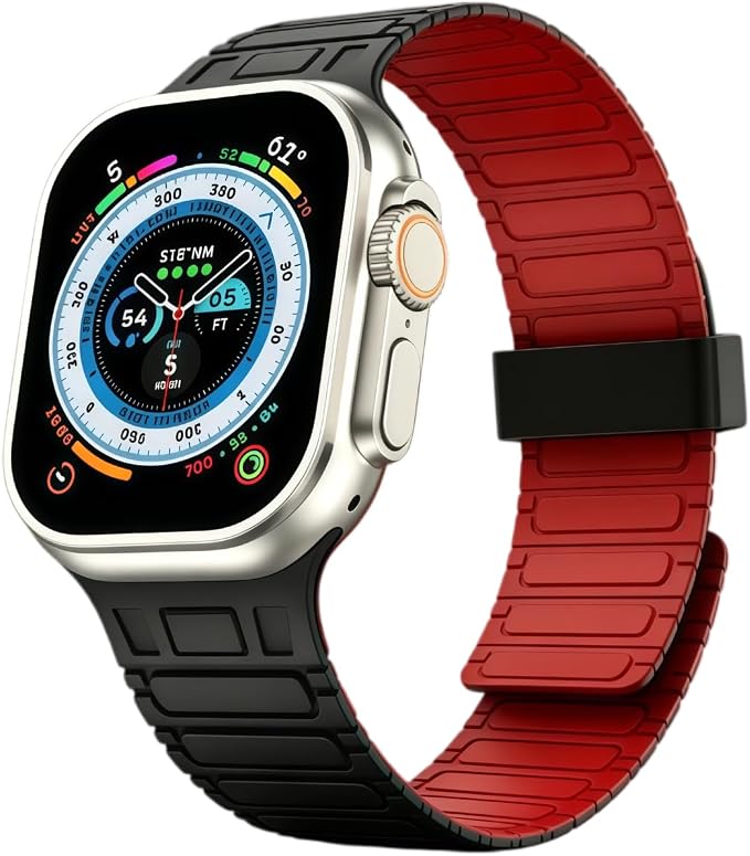 Magnetic Band Compatible with Apple Watch Ultra 3/2/1 Band for Men 49mm 46mm 45mm 44mm 42mm, Silicone Sport Waterproof Loop Strap Magnet Link for iWatch Series SE 11 10 9 8 7 6 5 4 3 2 1(BlackRed)