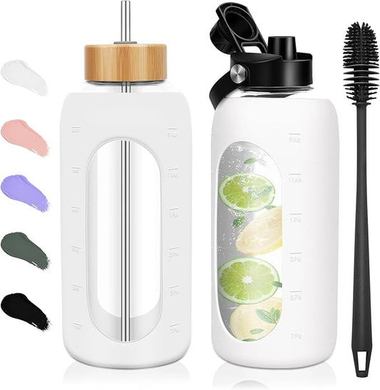 FULBEVY Glass Water Bottles 64 oz - Half Gallon Large Motivational Daily Water Intake Bottle Time Marker - Glass Water Bottle With Straw, Silicone Sleeve 2 Lids, Handle Spout & Bamboo Lid(White)