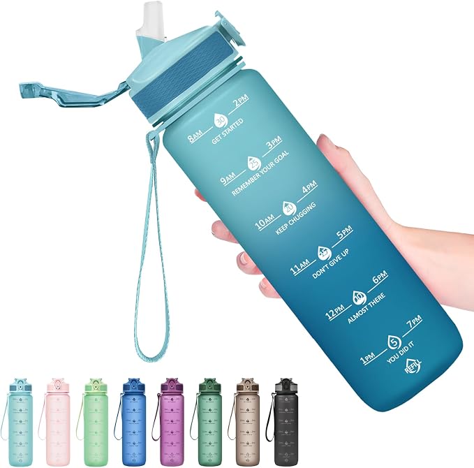 Hyeta Plastic Water Bottle With Straw & Time Marker, 32oz Leakproof Jug | Motivational Tritan BPA Free Gym Office Outdoor Intake Tracker Hourly Reminder Straw Lid Lightweight