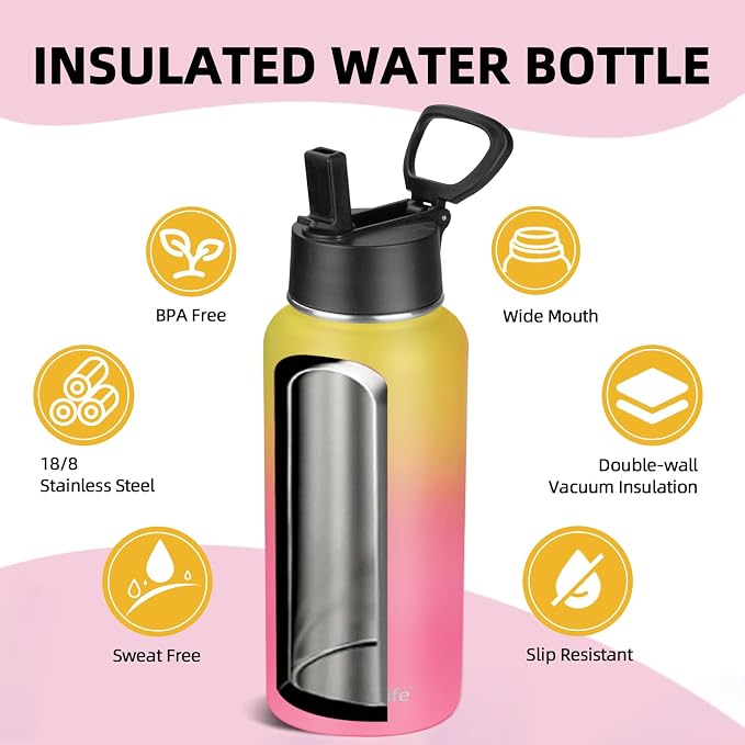 Insulated Water Bottle With Straw, 32 oz Vacuum Insulated Stainless Steel Sports Water Flask, Keeps Cold and Hot, Metal Water Bottle Wide Mouth for Gym Travel Camping (Yellow&Pink)