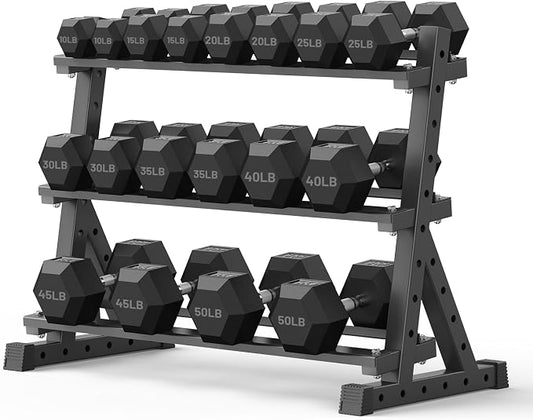 PAPABABE Dumbbell Set with Rack Dumbbells Rubber Encased Home Gym | PAPABABE Complete & Durable Cast Iron Core Odorless PVC Antiroll Hex Shape Ergonomic Chrome Handle Versatile Home Gym