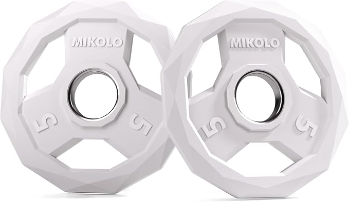 Mikolo Olympic Weights Set 2-Inch Rubber Coated Plates, 12-Sided Non-Roll Weight Plates Grip with 3 Handles for Home Gym, Strength Training, Single, Pair and Sets(5/10/15/25/35/45 LB)