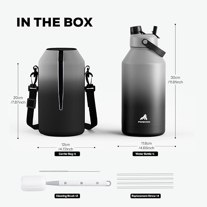 POWCAN 64 oz Insulated Water Bottle with 2-in-1 Straw and Spout Lid, Keep Cold 48H, Leakproof, Carrier Bag, Stainless Steel Sport Water Bottle for Men, Fitness, Outdoors, Gym and Travel (Obsidian)