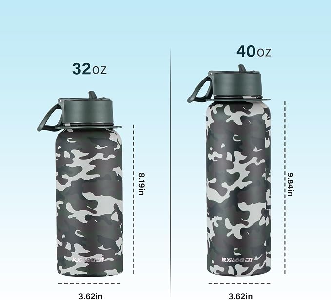 KXIAOCHEN Insulated Water Bottle with Strap, 48-Hour Cold, 2 Lids | Triple-wall insulation, lead-free 18/8 Stainless steel, paracord handle, carabiner clip, for gym, hiking, camping and travel