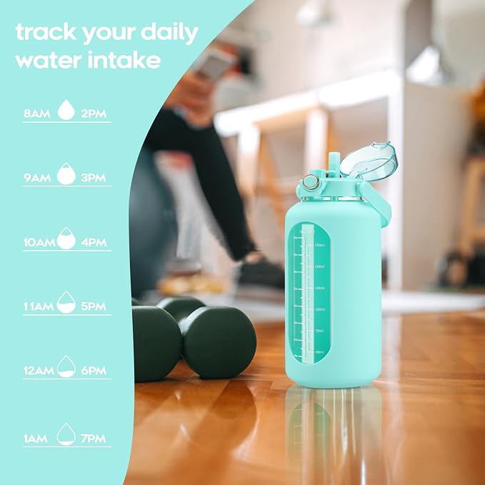 chunmo 74 oz Glass Water Bolttles with Straw Large Motivational Water Bottle with Time Marker Sports Water Bottles with Silicone Sleeve and Handle Lid 2.2L Water Jug for Gym Workout