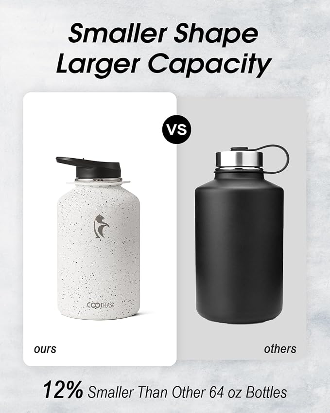 Coolflask Half Gallon Water Bottle Insulated Stainless Steel with Strap | 64 oz Large Water Jug with Straw & Spout Lids,Triple-Wall, Cold 48+h,Dishwasher Safe, Leakproof, BPA-Free,for Gym & Hiking