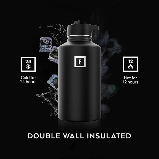 IRON °FLASK 64 oz Wide Mouth Water Bottle with 3 Lids | Insulated Half Gallon Water Bottle with 3 Leakproof Lids - BPA Free, Cold 24 Hrs, Sweat Free (Blue Waves)