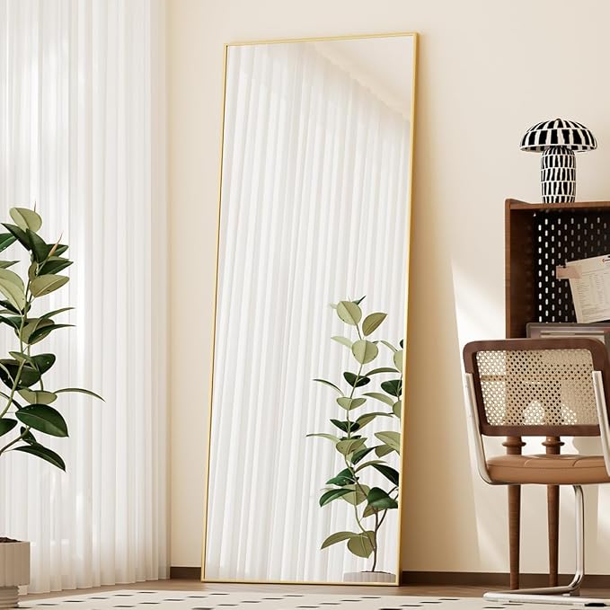 BEAUTYPEAK Full Length Mirror with Stand, 56"x21" Floor Mirror | ShatterVue Tempered Full Body Mirrors with Aluminum Alloy Thin Frame, Standing or Wall-Mounted Mirrors for Living Room, Gold