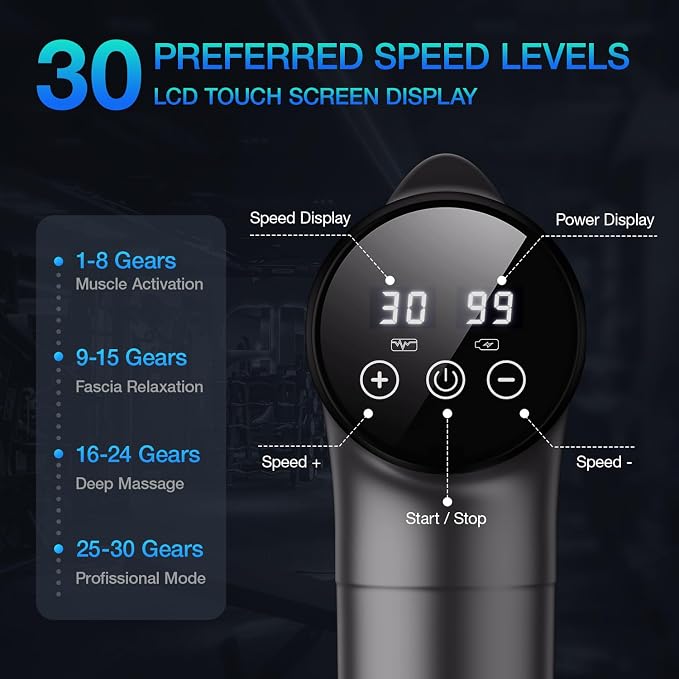 OLsky Massage Gun Deep Tissue 30 Speeds 9 Attachments Handheld (Grey) | Electric Muscle Massager, High-intensity Percussion, Massage Device for Pain Relief, Quiet and Powerful, Ideal for Recovery