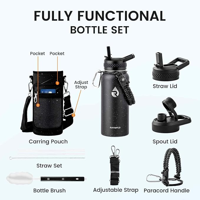 RAYMYLO Insulated Water Bottle 32 oz, Triple Wall Vacuum Stainless Steel | (Cold for 24Hrs, Hot for 12Hrs), Leak Proof & Non-BPA, Modern Water Flask Jug with Paracord Handle & Straw Spout Lids
