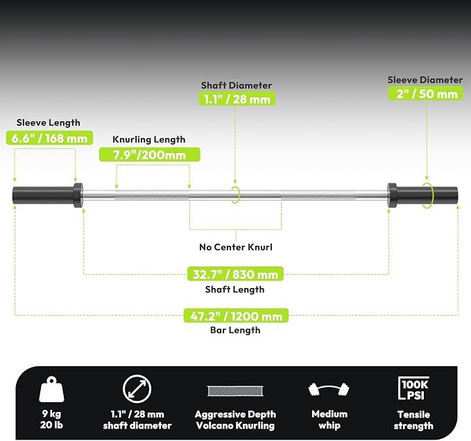 HANDBODE Olympic Barbell, 4FT, 5FT, 6FT & 7FT Weight Bar, Multiple Options | 2-Inch Needle Bearings, Hard Chrome Coating, Knurled Grip, Powerlifting, Bench Press, Deadlift, Squat, Hip Thrusts And Cleans
