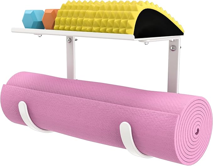 Yoga Mat Holder Wall Mount, No-Tie Mat Storage, Exercise Mat Storage Rack with Top Floating Shelf, Holding Yoga Blocks/Rollers and Pilates Mat, Workout Mat, Home Gym Equipment Accessories