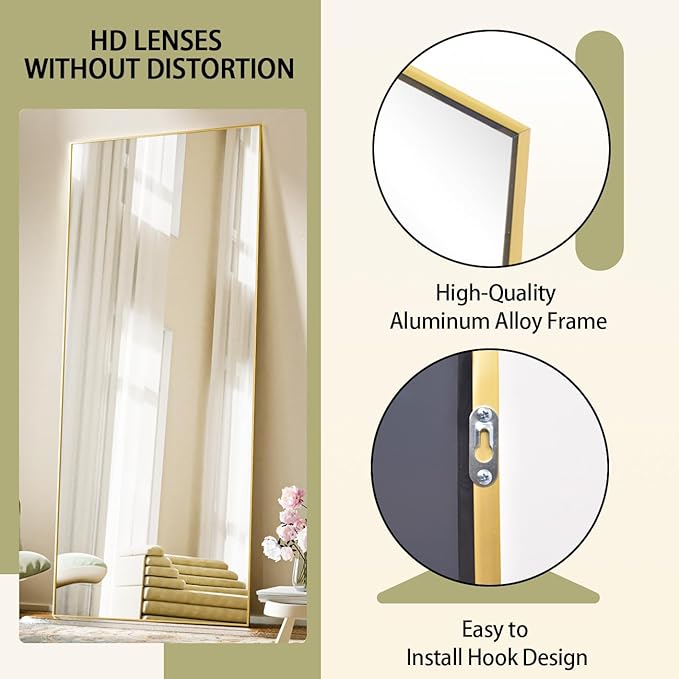 BEAUTYPEAK Full Length Mirror with Stand, 56"x21" Floor Mirror | ShatterVue Tempered Full Body Mirrors with Aluminum Alloy Thin Frame, Standing or Wall-Mounted Mirrors for Living Room, Gold