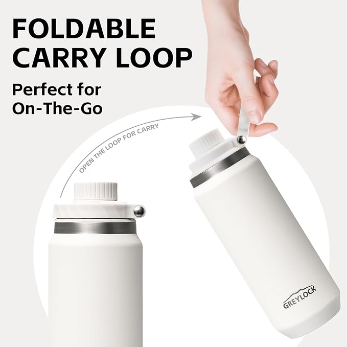 Greylock 20 oz Insulated Water Bottle with Straw Lid, Reusable Stainless Steel Sports Water Bottles with Foldable Handle, Leak Proof, Double-Wall Vacuum Insulation, 24 Hours Cold (White)