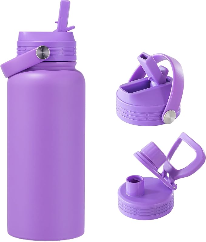 32 oz Insulated Metal Mens Water Bottle | Violet, Stainless Steel, 1 Liter, Leakproof, 2 Lids, Large Sports Water Bottle for Gym,Hiking