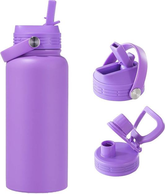 32 oz Insulated Metal Mens Water Bottle | Violet, Stainless Steel, 1 Liter, Leakproof, 2 Lids, Large Sports Water Bottle for Gym,Hiking