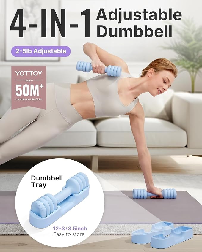 YOTTOY Adjustable Dumbbell Set of 2, 4-in-1 Hand Weights for Women at Home, Compact Free Weights Dumbbells Set with Soft Grip and Base, 2-5 lbs Each for Home Gym