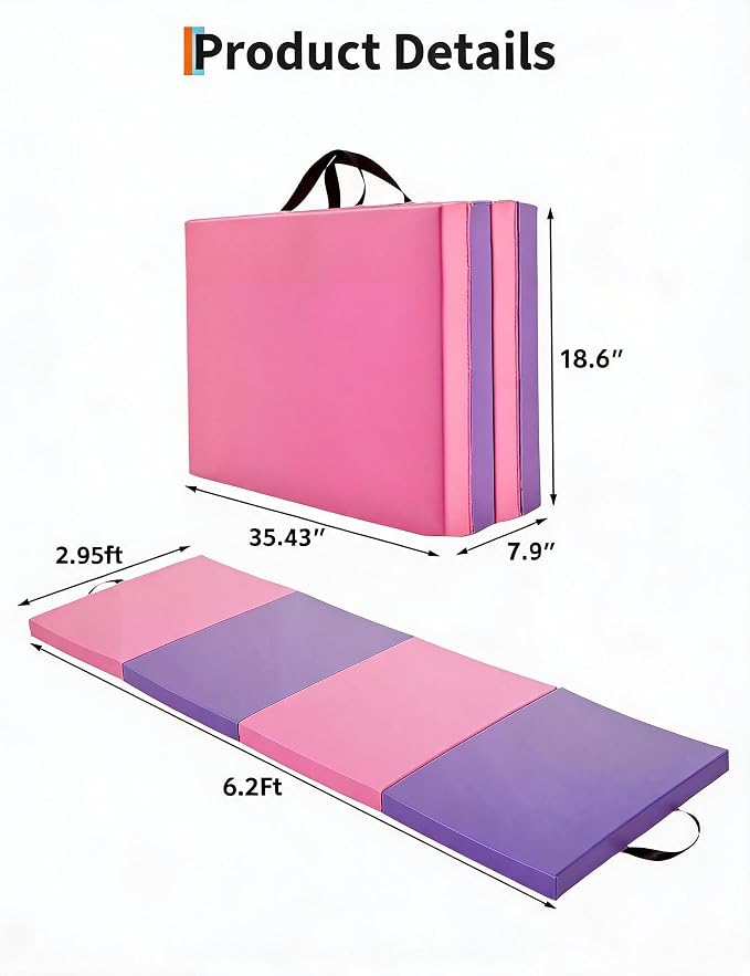 Garvee Gymnastics Mat, 6.2Ft 2-Inch Thick 4-Fold | Exercise Floor Mat for Home Gym, Portable Yoga Mat for Pilates, Aerobics, Martial Arts & Training