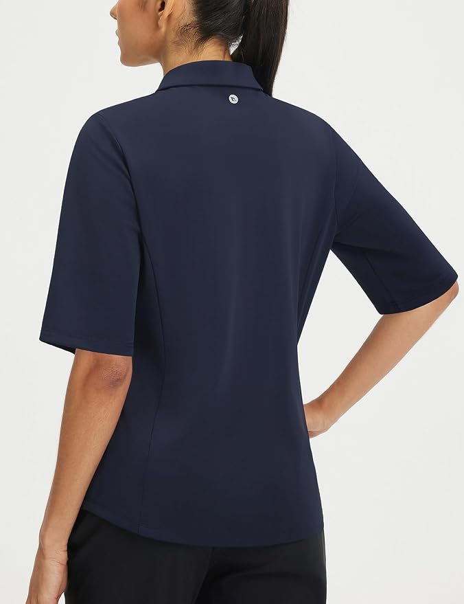 baleaf Womens Golf Shirts Half Sleeve Elbow Length Polo Tops | Stretch, Sun Protection UPF 50+, Quick Dry, Breathable, Moisture Wicking, Quarter Zip V Neck, Ideal for Golf Work Casual