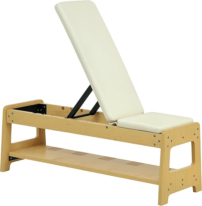 Soozier Adjustable Weight Bench with Dumbbell Rack Wooden Gym | Flat or Incline Design, Home Gym Weight Lifting Training