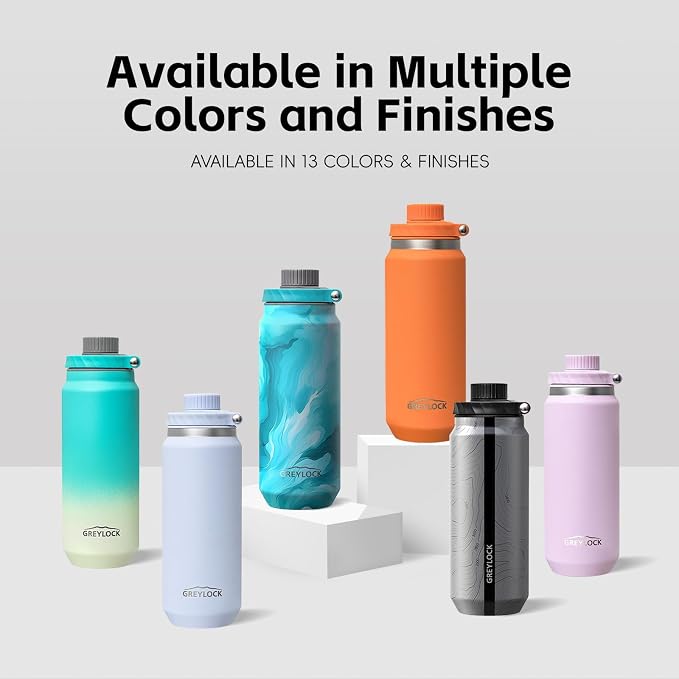 GREYLOCK 32 oz Insulated Water Bottle with Straw Lid, Leakproof Reusable Stainless Steel Vacuum Flask, 24hr Cold & Hot, Carry Handle & Silicone Spout, BPA-Free for Gym, Hiking, Travel,Blue