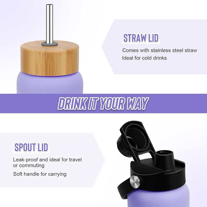 FULBEVY 32 oz Glass Water Bottles - 1 Liter Motivational Tumbler Water Bottle Time Marker - Borosilicate Glass Water Bottle With Silicone Sleeve and 2 Lids, Handle Spout & Bamboo Straw Lid (Purple)