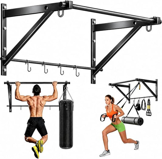 Adjustable Depth Pull Up Bar, Wall & Doorway Mounted Chin Up Bar with Hooks, Thickened Steel Construction, 500LBS Heavy Duty Capacity, Home Garage Upper Body Strength Training Equipment