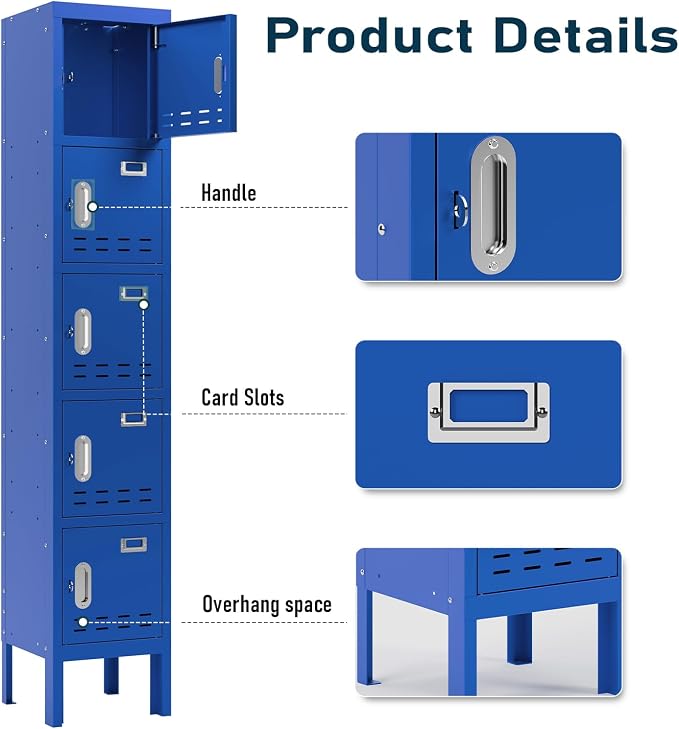 BUTISOW Metal Storage Locker with Lock & Card Slot Locker - Secure Lockable Door - Steel Locker for School, Office, Gym, Home - 66.15" H x 11.8" W x 11.8" D（5 Door, Blue）