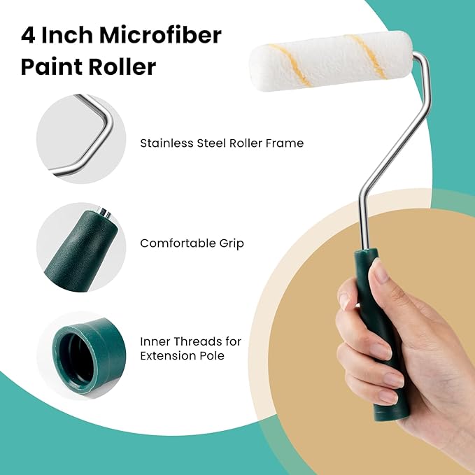 Paint Roller Kit, 14 Pack, 4 Inch Paint Roller with Tray Liners | Small Paint Roller, Mini Roller Frame, Microfiber Roller Covers for Painting Walls, Cabinets, Furniture and Ceilings