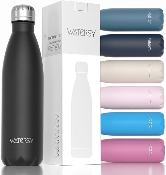 WATERSY Stainless Steel water bottles,17oz/500ml Insulated Water Bottle | Black metal water bottle Keeps Drink Cold and Hot,BPA Free kids water bottles for School,Gym,Travel,Sports