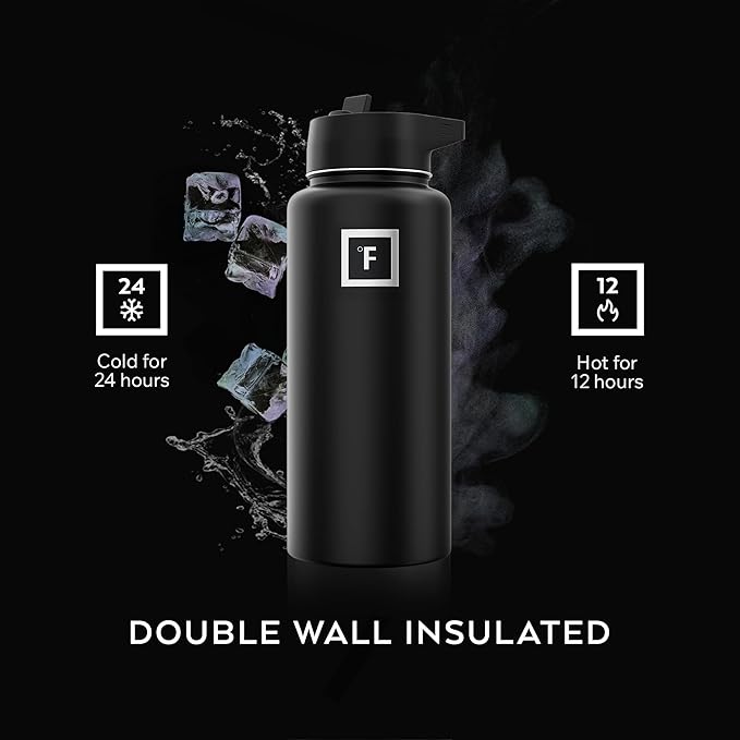 IRON °FLASK 32 oz Wide Mouth Water Bottle with Straw | Insulated Stainless Steel Sports Water Bottle with Leakproof Straw Lid - BPA Free, Cold 24 Hrs, Sweat Free (Black Marquina)