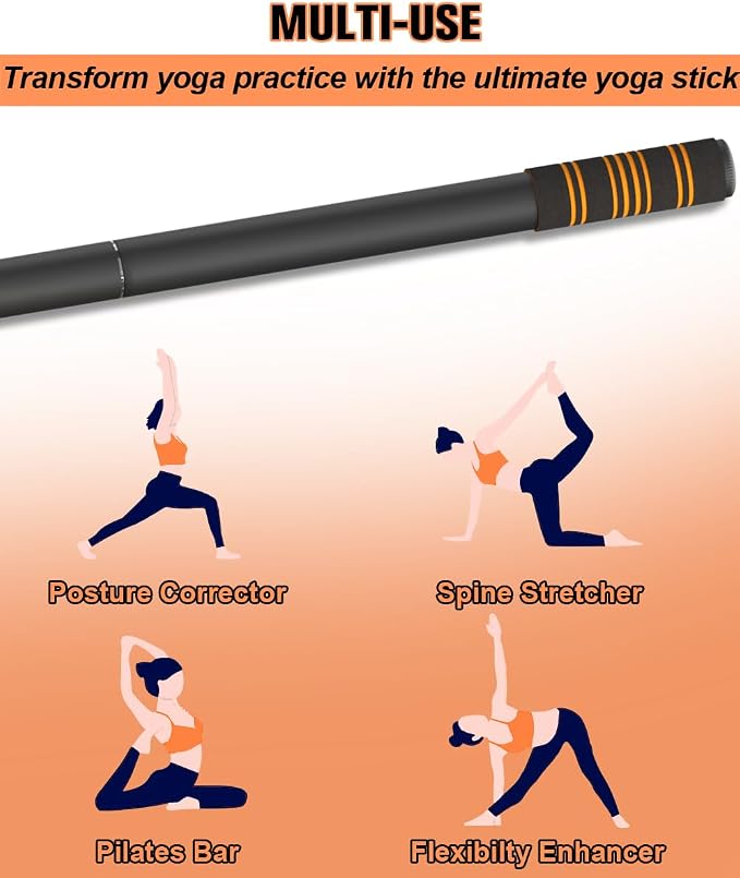 Queension 5ft Yoga Stick Adjustable Stretching Bar for Mobility & Balance | Heavy-Duty Steel Multi-Functional Fitness Pole with 4 Steel Rods & Comfort Foam Grips
