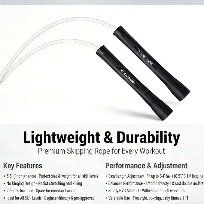 HEREROPE Adjustable Jump Rope – 5mm PVC Skipping Rope with Unbreakable Handles, Non-Kinking, Includes 1 Spare Rope for Indoor & Outdoor Fitness Training for Men, Women