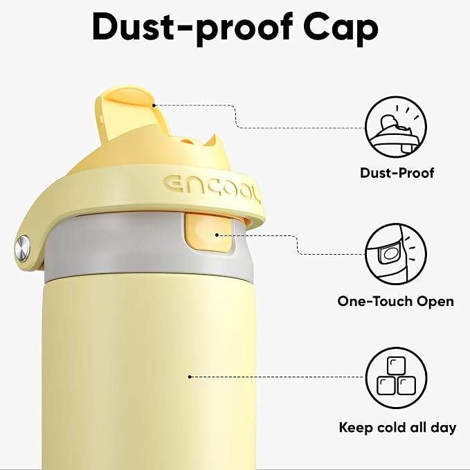 ENCOOL Leakproof Insulated Water Bottle with Straw Dual-Sip Water Bottle Bag-Safe Design for Work, Commute & Gym – Keeps Drinks Cold All Day, 18 oz, Butter Yellow