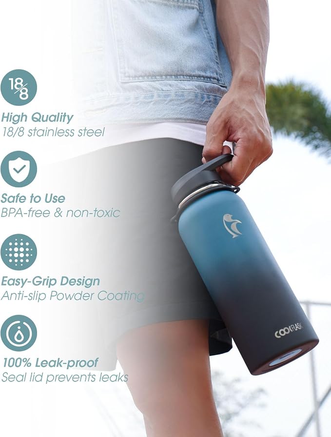 Coolflask 32 oz Water Bottle Insulated Stainless Steel with Strap | Metal Water Flask with Straw & Spout Lids, Triple-Wall, Cold 48+h, Dishwasher Safe, Leakproof, BPA-Free, for Gym & Hiking
