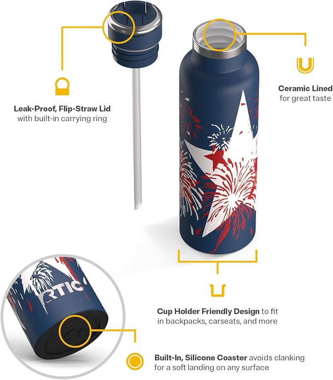 RTIC 20oz Journey Water Bottle Ceramic Lined Metal Stainless Steel Vacuum Insulated, BPA Free, Reusable, for Water, Hot and Cold Drinks, Travel, Sports, Camping, Fireworks