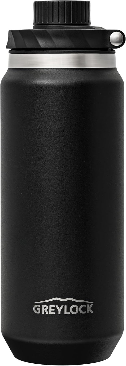 Greylock 20 oz Insulated Water Bottle with Straw Lid, Reusable Stainless Steel Sports Water Bottles with Foldable Handle, Leak Proof, Double-Wall Vacuum Insulation, 24 Hours Cold (Black)