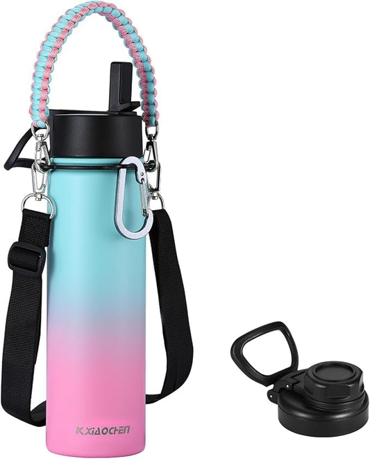 KXIAOCHEN Insulated Water Bottle with Strap, 48-Hour Cold, 2 Lids | Triple-wall insulation, lead-free 18/8 Stainless steel, paracord handle, carabiner clip, for gym, hiking, camping and travel
