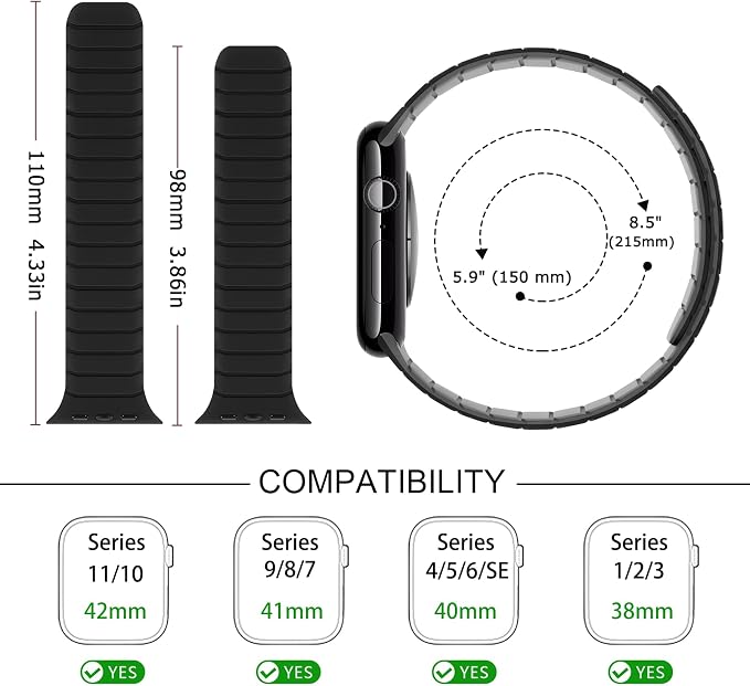 Tasikar Magnetic Bands Compatible with Apple Watch 42mm(Series 11/Series 10) 41mm 40mm 38mm Soft Silicone Replacement Loop Wristband for iWatch SE Series 11 10 9 8 7 6 5 4 3, Black-Grey