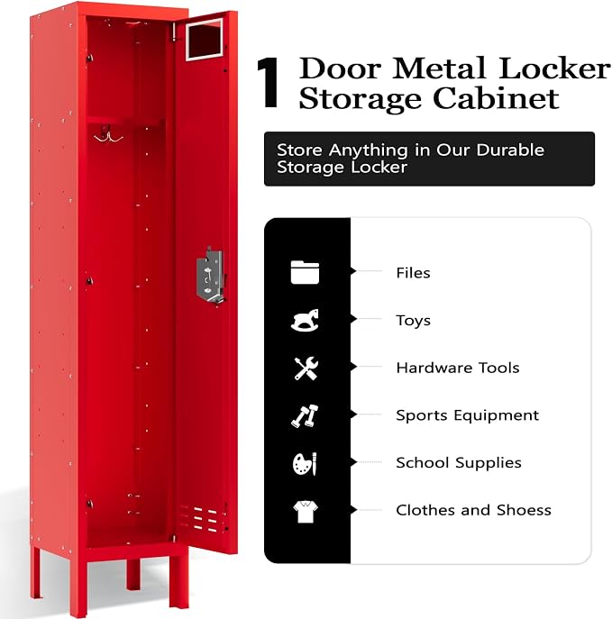 BUTISOW Metal Storage Locker with Lock & Card Slot Locker - Secure Lockable Door - Steel Locker for School, Office, Gym, Home - 66.15" H x 11.8" W x 11.8" D（1 Door, Red）
