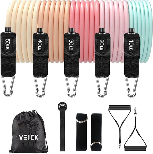 VEICK 10-150LBS Resistance Bands with Handles, Ankle Straps, Door Anchor | Accredited Lab Certified, 100% Natural Latex, Versatile for Yoga, Pilates, Strength, Home Gym