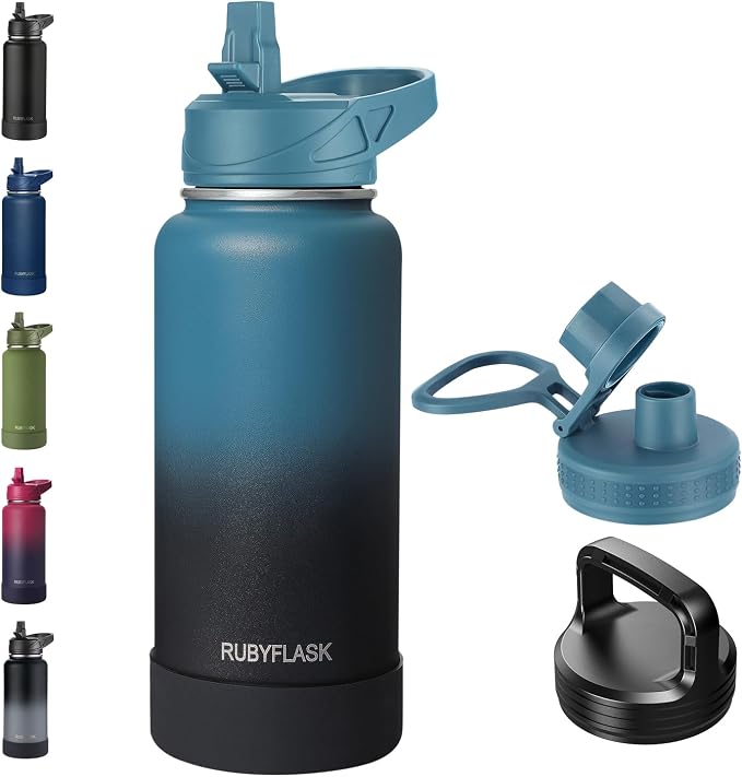 RUBYFLASK 32oz Insulated Water Bottle with Straw, Stainless Steel Metal Vacuum Water Flask, Large Thermal Water bottle with Leakproof 3 Lids for Travel, Camping, Gym Sports Indigo Black | 3 Lids, Wide Mouth, Metal Vacuum Leakproof Water Jug Flask and H...