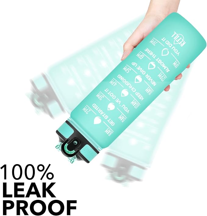 Hyeta Water Bottle with Straw & Time Marker, Plastic 32oz Leakproof | Motivational Tritan BPA Free Gym Office Outdoor Intake Tracker Hourly Reminder Straw Lid Carry Strap