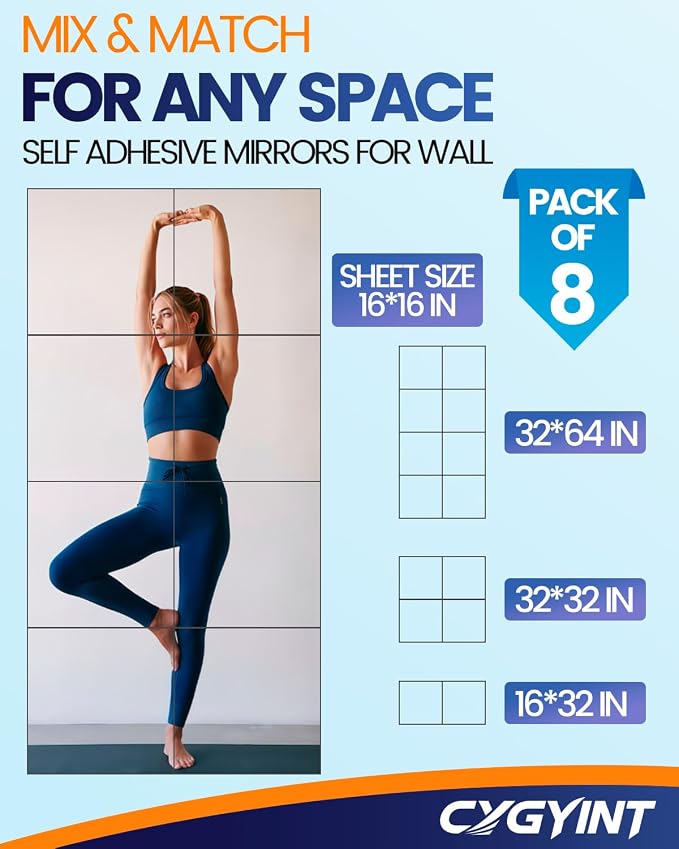 8Pcs 16x16 Inch Self-Adhesive Mirror Panels, Shatterproof Flexible Acrylic Mirror Sheets, Peel & Stick Wall Mirror Tiles for Bedroom, Home Gym, DIY Decor